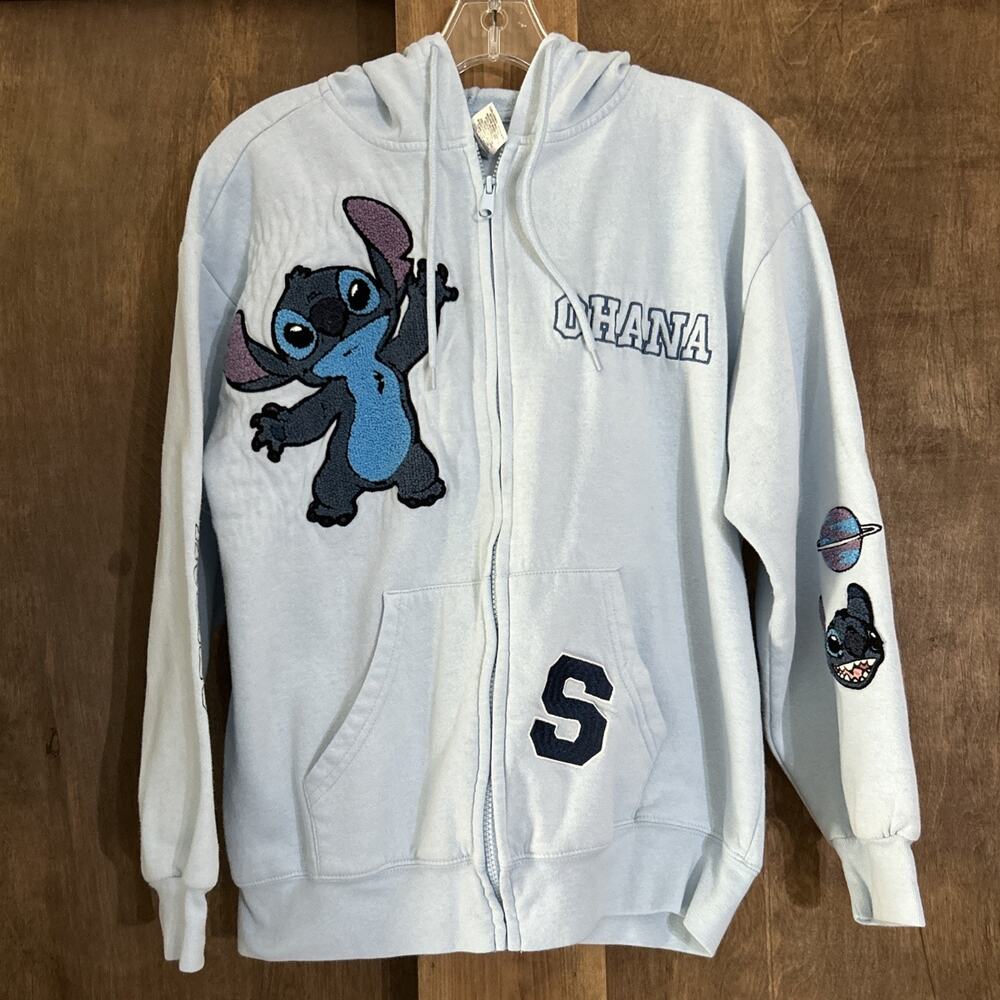 Disney Stitch Zip Up Hoodie Women’s Size M Light Blue Ohana Embroidered